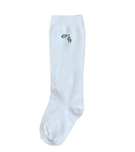 Knee High Socks | White with Holly Embroidery